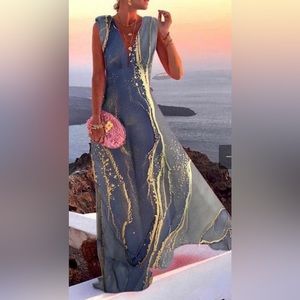 NWT Lovely long flowing blue and gold dress